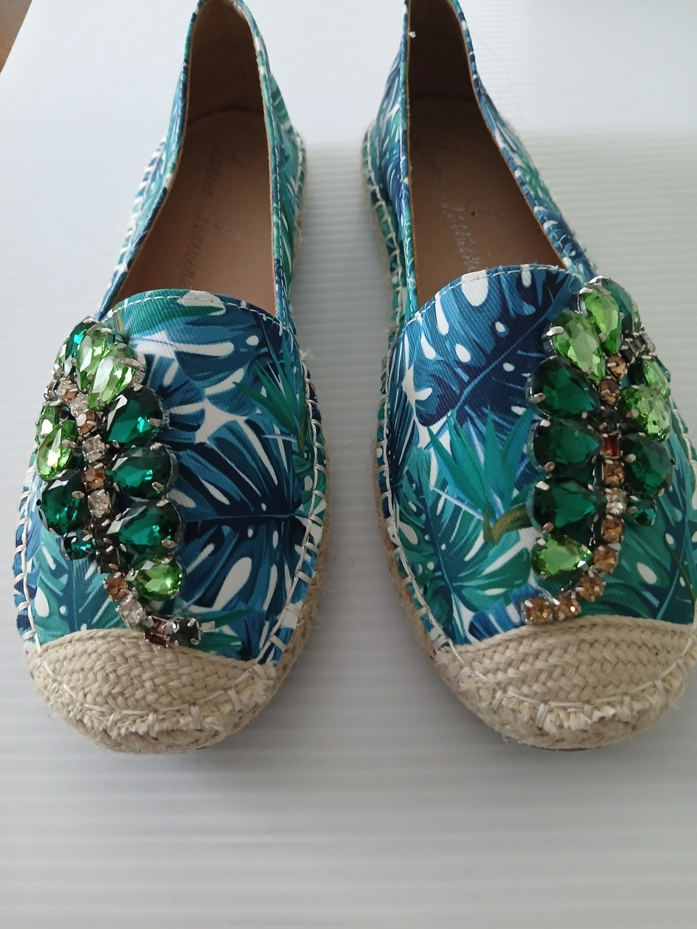 Lauren Lorraine Tropical Leaf Jeweled Espadrille Flats in Blue and Green